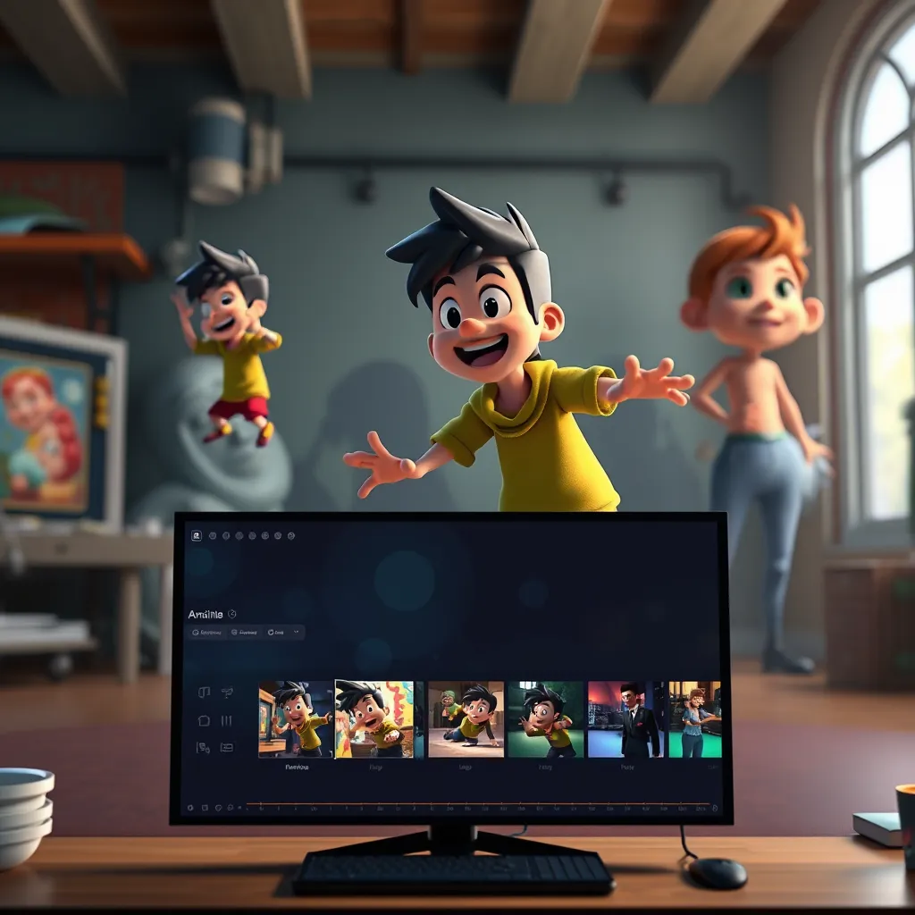 An animated scene featuring a dynamic character coming to life through smooth animations, showing various stages of movement, with detailed backgrounds and vibrant colors, along with a timeline interface showcasing the animation process on a computer screen.