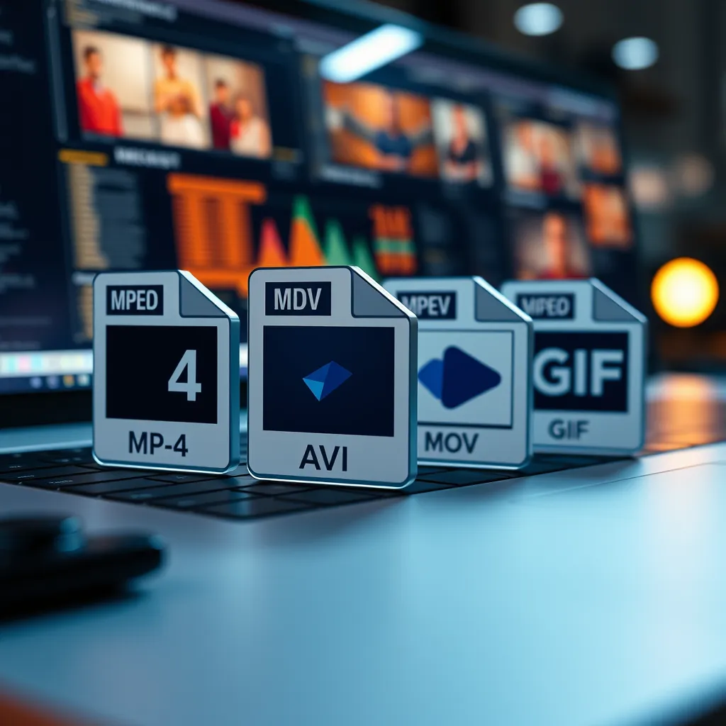 An array of video file icons representing different formats like MP4, AVI, MOV, and GIF, arranged aesthetically on a sleek digital workspace. Each icon should be labeled, with a backdrop that reflects a tech-savvy environment, emphasizing versatility in video delivery.