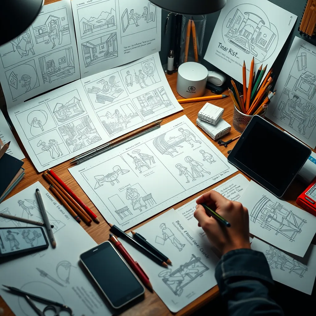 An artist’s desk cluttered with storyboards and sketches showcasing a progression of drawings. Include tools like pencils, erasers, and digital tablets, with notes and annotations on the margins, illustrating the meticulous planning involved in crafting a video scribing project.