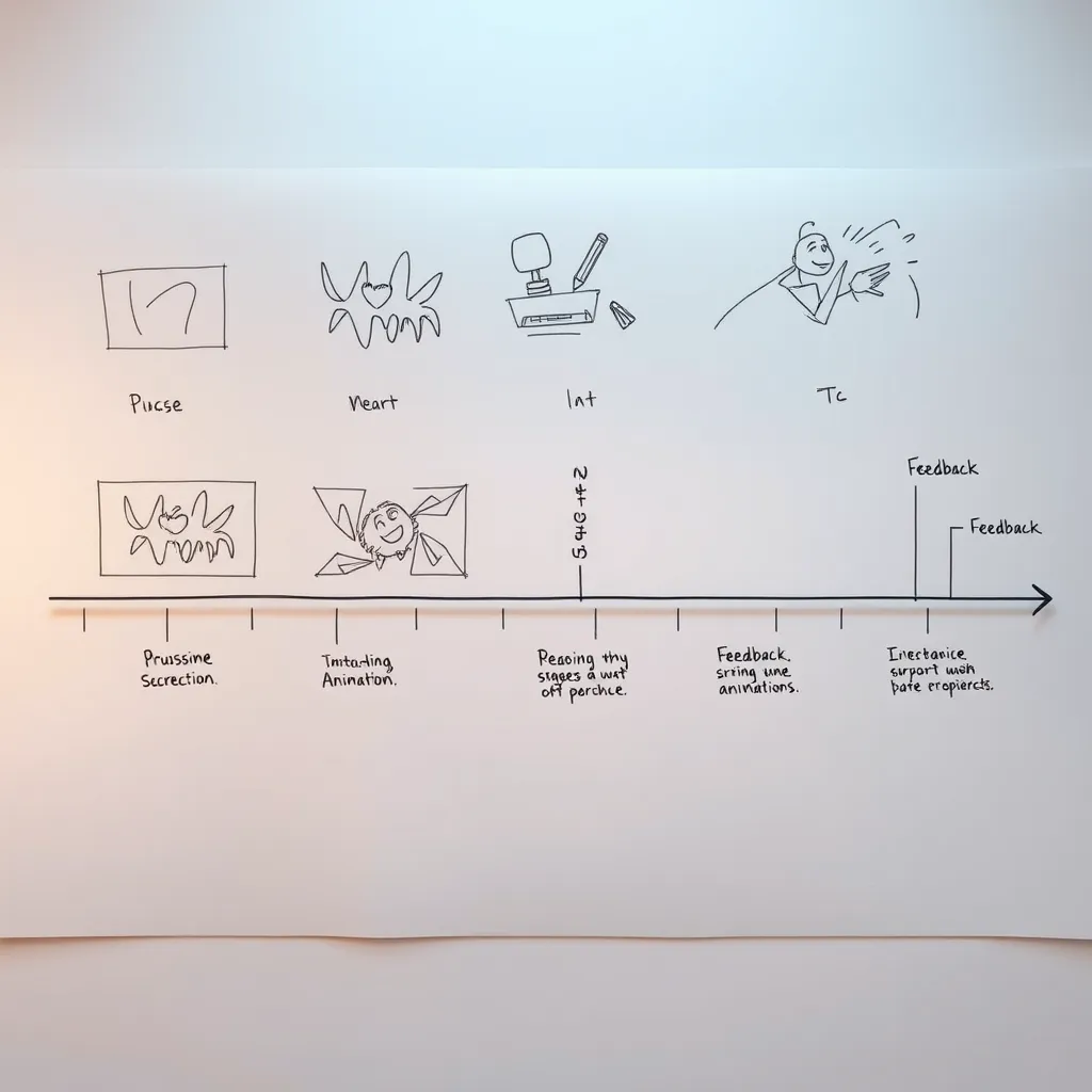 An artistic representation of a video scribing process. Show multiple stages of development, from rough sketches to polished animations. Include a timeline with 'Feedback' marked at intervals, illustrating evolution in the video creation process.