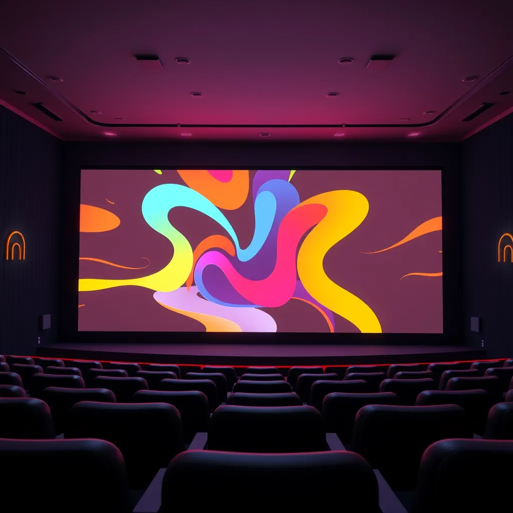 An energetic and colorful motion graphics sequence playing on a large screen in a modern cinema setting.  The sequence features abstract shapes, flowing lines, and bold typography, transitioning seamlessly between different graphic elements. The screen is illuminated with soft, diffused lighting, while the surrounding cinema seats are subtly lit, creating a sense of anticipation. The color palette is bold and vibrant, with a focus on contrasting hues that create a sense of energy and movement. The camera pans slowly across the screen, capturing the dynamic motion of the graphics. Rendered in 8K resolution with a focus on smooth, fluid animation and a visually striking color palette. Style: referencing the dynamic, kinetic typography and abstract shapes of the opening sequences of modern action films.
