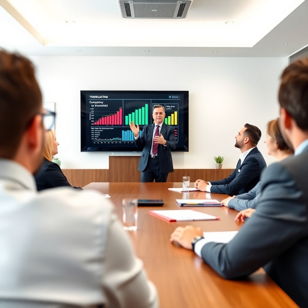 An engaging image depicting a financial consultant giving a presentation to a group of clients in a well-appointed conference room. The room is bright, with a digital screen displaying important financial metrics. The audience looks attentive and engaged, emphasizing the importance of communication and strategy in consulting. This image captures the transformative experience of financial consulting, showcasing leadership and insight.