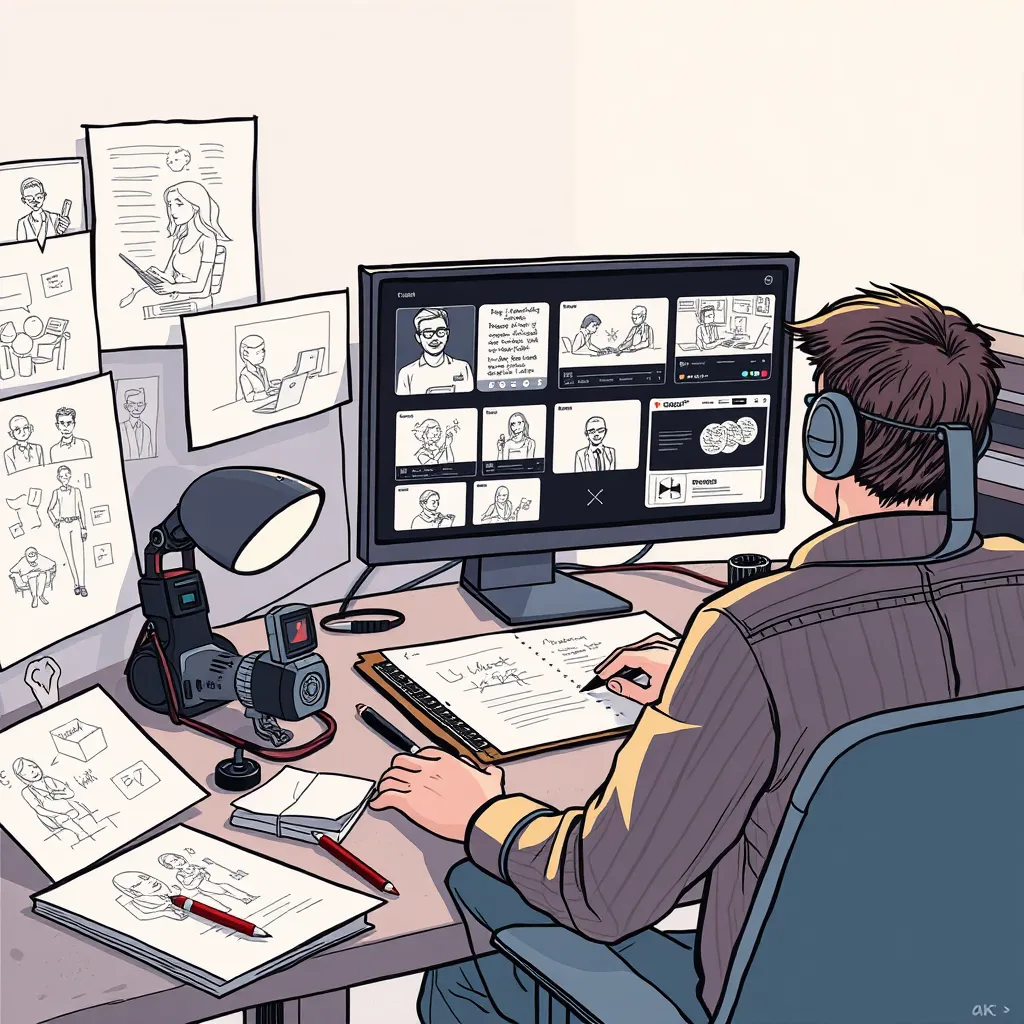 An illustrative scene of a video scribing artist at work, surrounded by sketches and storyboards, connected to a computer. On the screen, various storyboard frames show different narratives, illustrating the concept of custom-tailored storytelling.