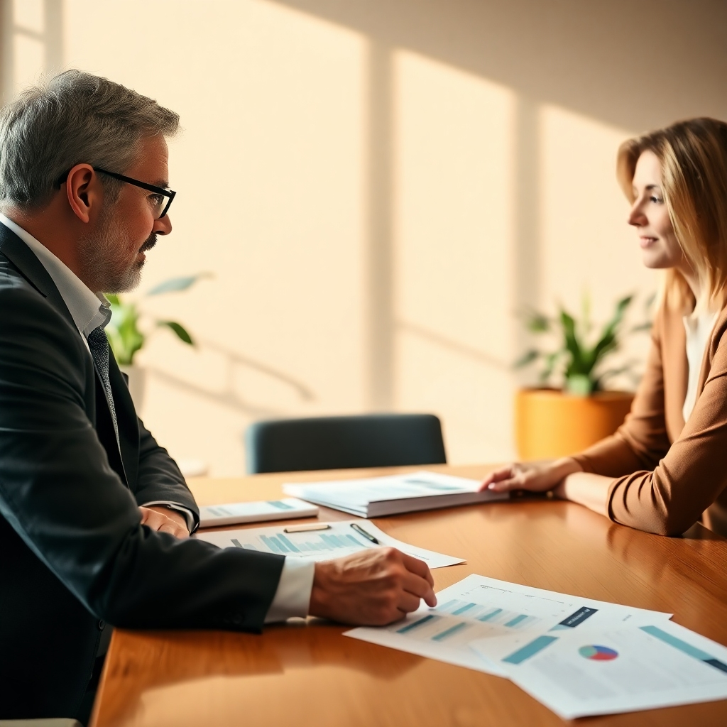 An image of an accountant discussing tailored financial solutions with a client, pointing to custom reports laid out on the table. The office is bright and inviting, with warm color tones conveying a strong sense of partnership. The focus is on the consulting process, emphasizing strategy and personalization. Natural light enhances the textures within the room, creating an engaging atmosphere. This image reflects the personalized service offered to individual clients.
