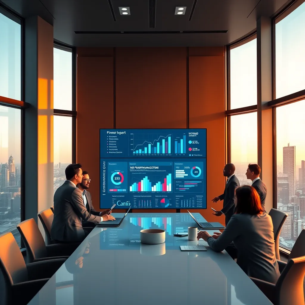 An image showcasing a sleek, contemporary boardroom with large windows offering a panoramic city view. A group of business professionals are gathered around a large, interactive screen displaying a dynamic financial report with charts, graphs, and key performance indicators. The professionals are engaging in a lively discussion, analyzing the data and making strategic decisions. The room is bathed in warm, ambient light, creating a sophisticated and professional atmosphere. The image should convey clarity, data-driven insights, and collaborative decision-making. Render this image in a photorealistic style with vivid colors and realistic textures. Focus on the detail of the interactive screen, capturing the dynamism of the data visualizations and the clarity of the financial insights. Emphasize the professional attire and engaged expressions of the business leaders, creating a scene of confidence and strategic vision.