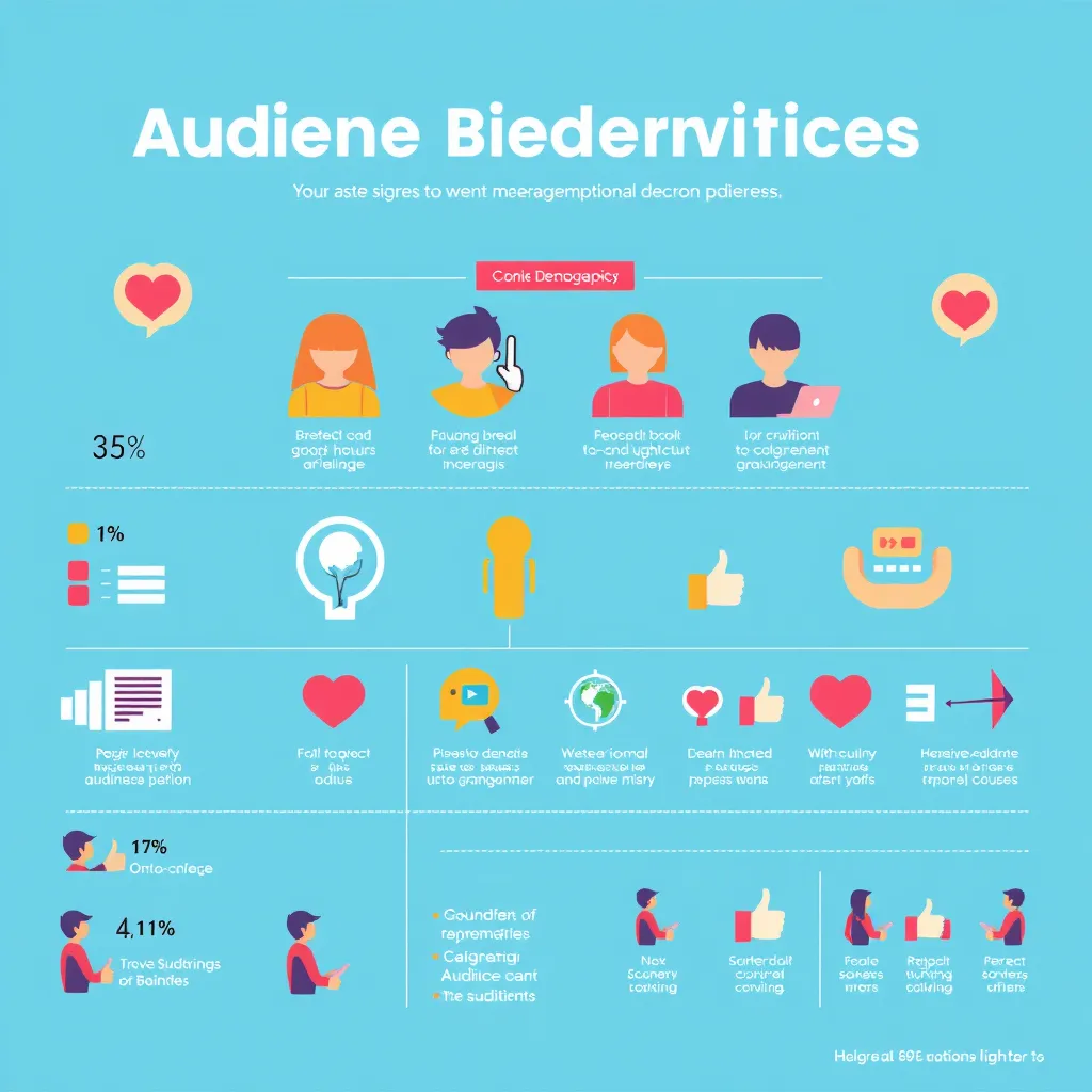 An infographic-style image representing audience demographics, with various icons symbolizing different age groups, interests, and preferences. A vibrant palette of colors highlights the diversity of the audience, with symbols of engagement like hearts and thumbs up subtly incorporated.