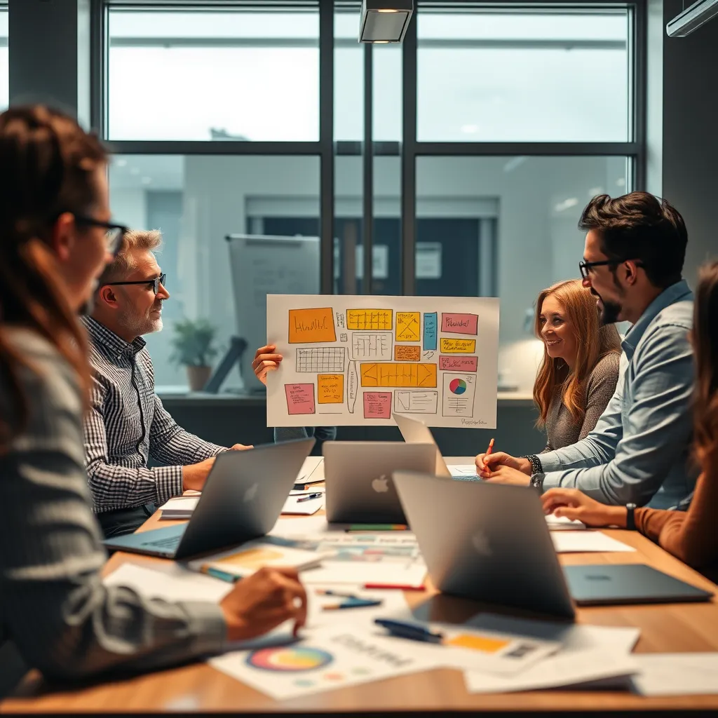 An office setting where a team collaborates enthusiastically around a table filled with sketches and laptops. One member is presenting a colorful storyboard, while others engage in discussion, emphasizing teamwork and personalized service in video creation.