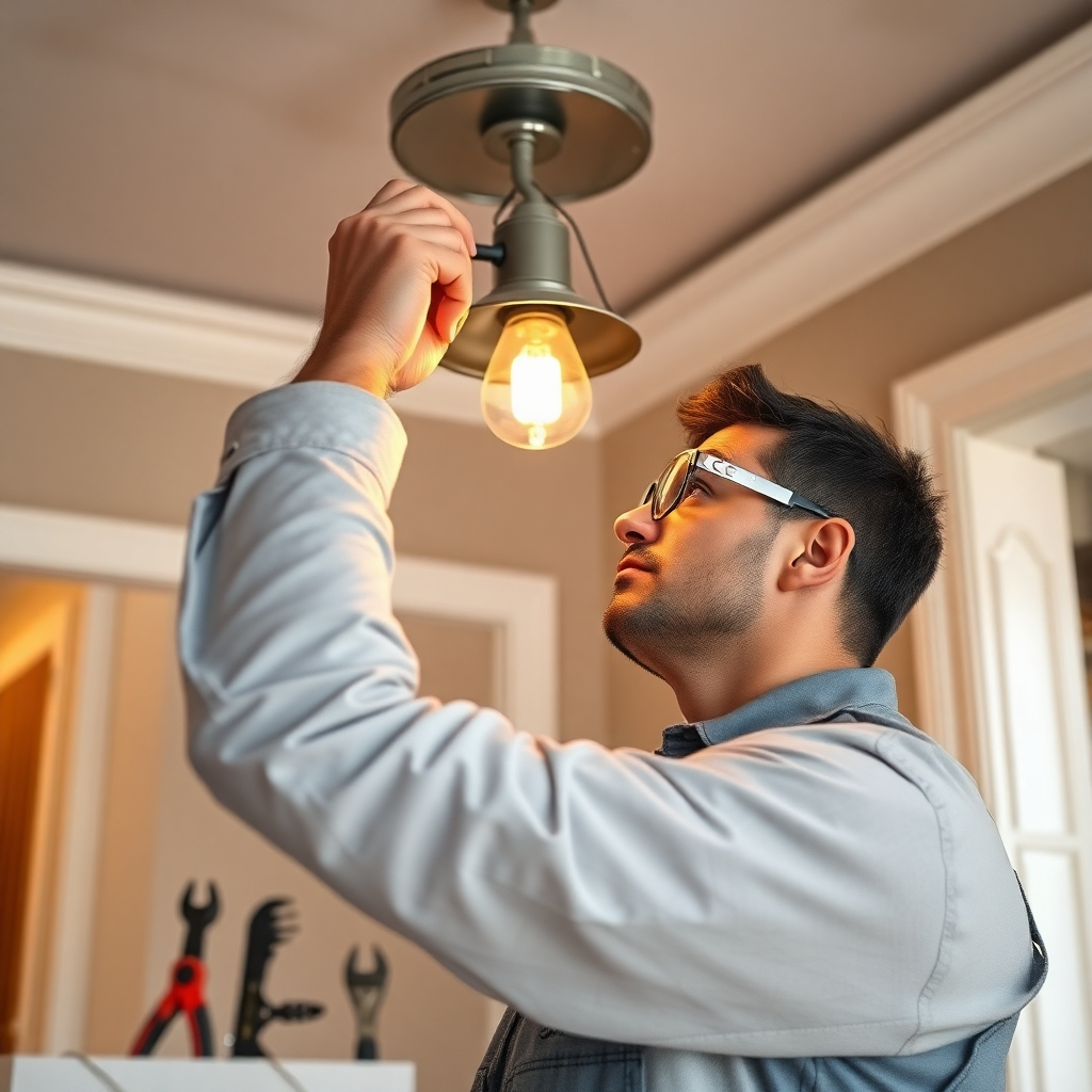 An ultra-high definition, photorealistic image (8K resolution) showing a partially completed new home interior. The focus is on a skilled electrician installing a new light fixture; focus on the intricate process of wire connections. The lighting should be bright, emphasizing the details of the work, but with a soft, diffused quality to avoid harsh shadows.  The color palette is a harmonious blend of warm and cool tones, with neutral colors dominating - beige walls, clean white trim.  The camera angle should be slightly elevated, offering a clear view of the installation process.  The electrician is wearing safety glasses and a C G Electrical branded uniform.  The image conveys a sense of precision and careful execution.  Textures include the smooth metal of the light fixture, the rough texture of the drywall, and the detailed weave of the electrical wiring.  The background should be slightly blurred, drawing attention to the electrician's work. The style is reminiscent of high-end architectural photography.  Materials should be sharp and realistic.  Props include various electrical tools neatly arranged nearby, all clearly labeled and implying professionalism.  