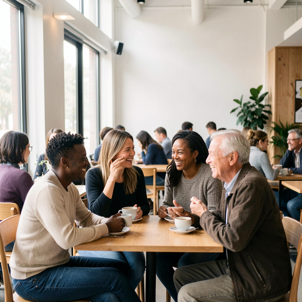 People connecting and laughing in a bright community space