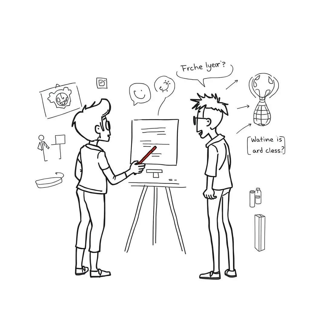 A group of people brainstorming around a whiteboard with colorful sticky notes, a whiteboard cartoon animation is playing on a screen in the background