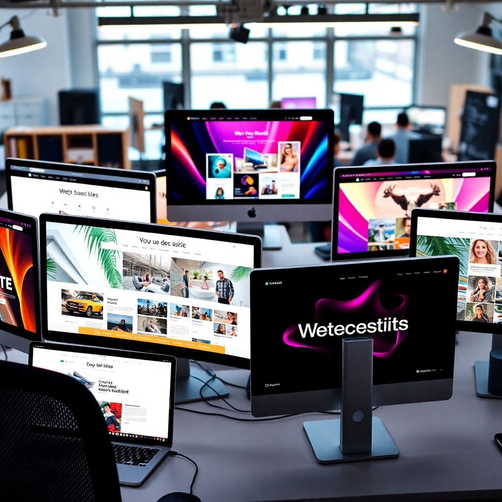 Craft an image featuring various computer screens displaying different beautiful, custom websites. The screens should be arranged artistically in a semi-circle to emphasize variety and uniqueness in design, with a background that features a professionals’ workspace busy with activity. The lighting should be bright and inspiring, infusing the scene with creativity. Incorporate a palette of distinctive colors that pop, highlighting the diversity and personalization of each website. The image must be photorealistic, capturing the essence of digital creation in ultra-high resolution to reflect the quality of the work.