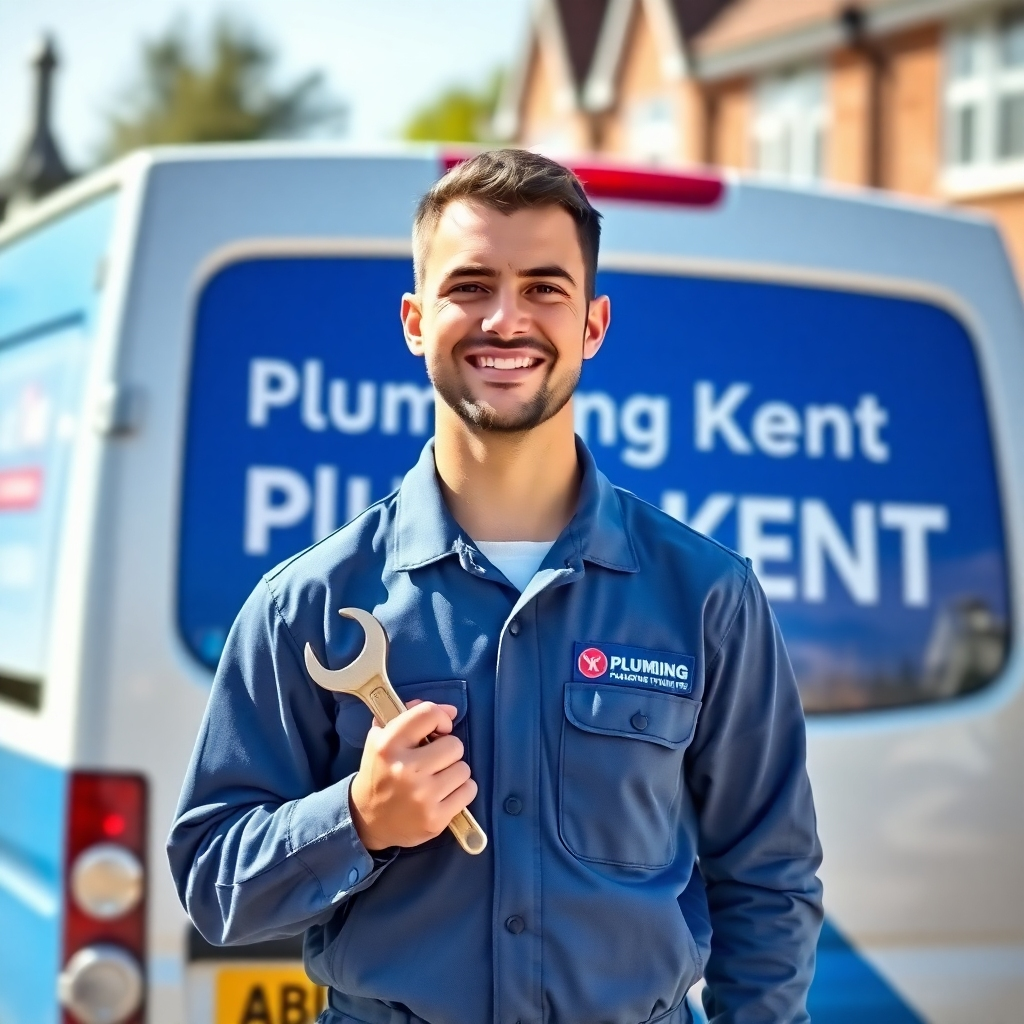 Create a 4K, high-quality image depicting a friendly plumber in a Plumbing Kent uniform, smiling warmly while holding a wrench. The plumber is standing in front of a well-maintained van with the Plumbing Kent logo prominently displayed. In the background, show a blurred image of a typical residential street in Kent. The lighting is bright and natural, conveying a sense of trustworthiness and approachability. The color palette is clean and professional, with blues and whites dominating. The camera angle is slightly tilted upward, making the plumber appear confident and reliable. Pay attention to texture details: the fabric of the uniform, the metal of the wrench, the reflective surface of the van. The style should be realistic but slightly stylized, giving it a modern and appealing look.
