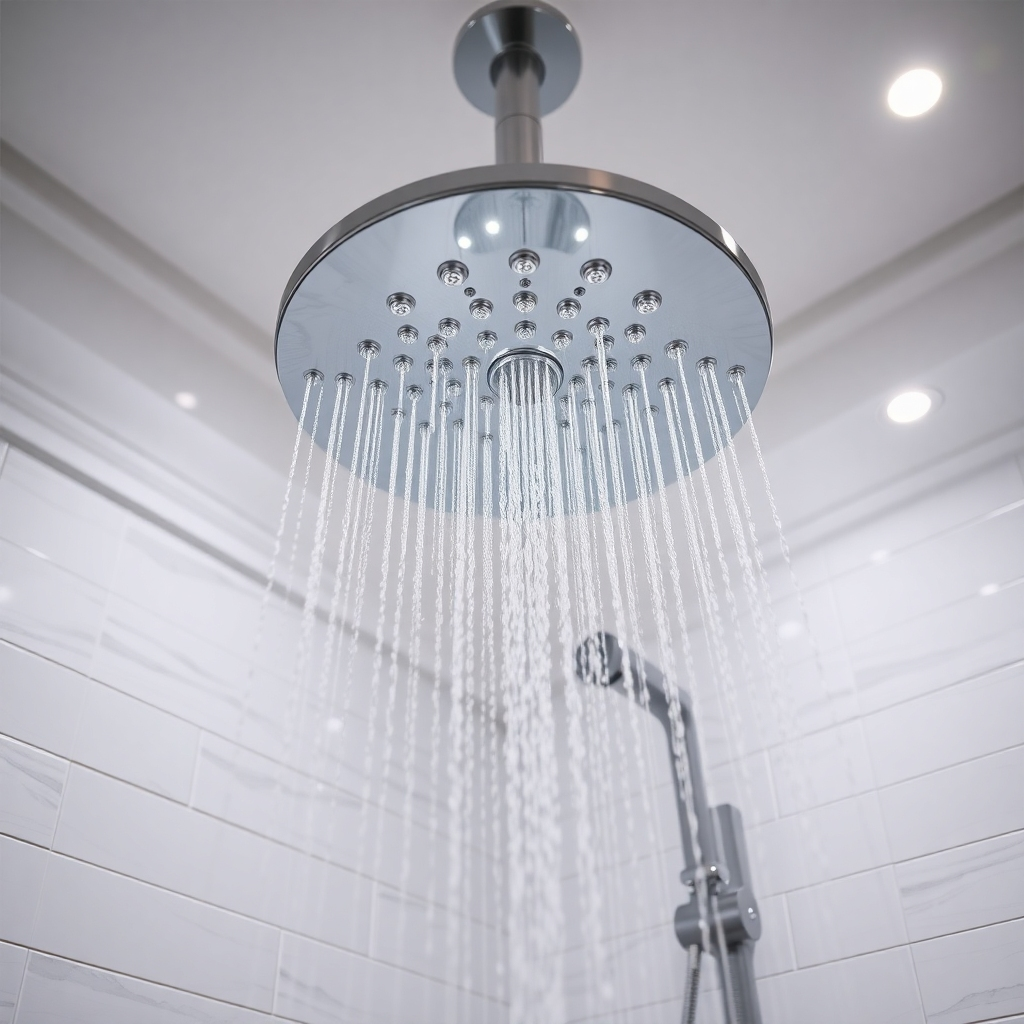 Create a photorealistic image of a newly installed, high-end shower system in a modern bathroom. The showerhead is large and luxurious, with multiple spray settings. The tiling is clean and pristine. The lighting is soft and diffused, creating a spa-like atmosphere. The camera angle is slightly low, emphasizing the height and elegance of the shower. Focus on the details: the gleam of the chrome fixtures, the texture of the tile, and the clarity of the glass. 4K resolution.
