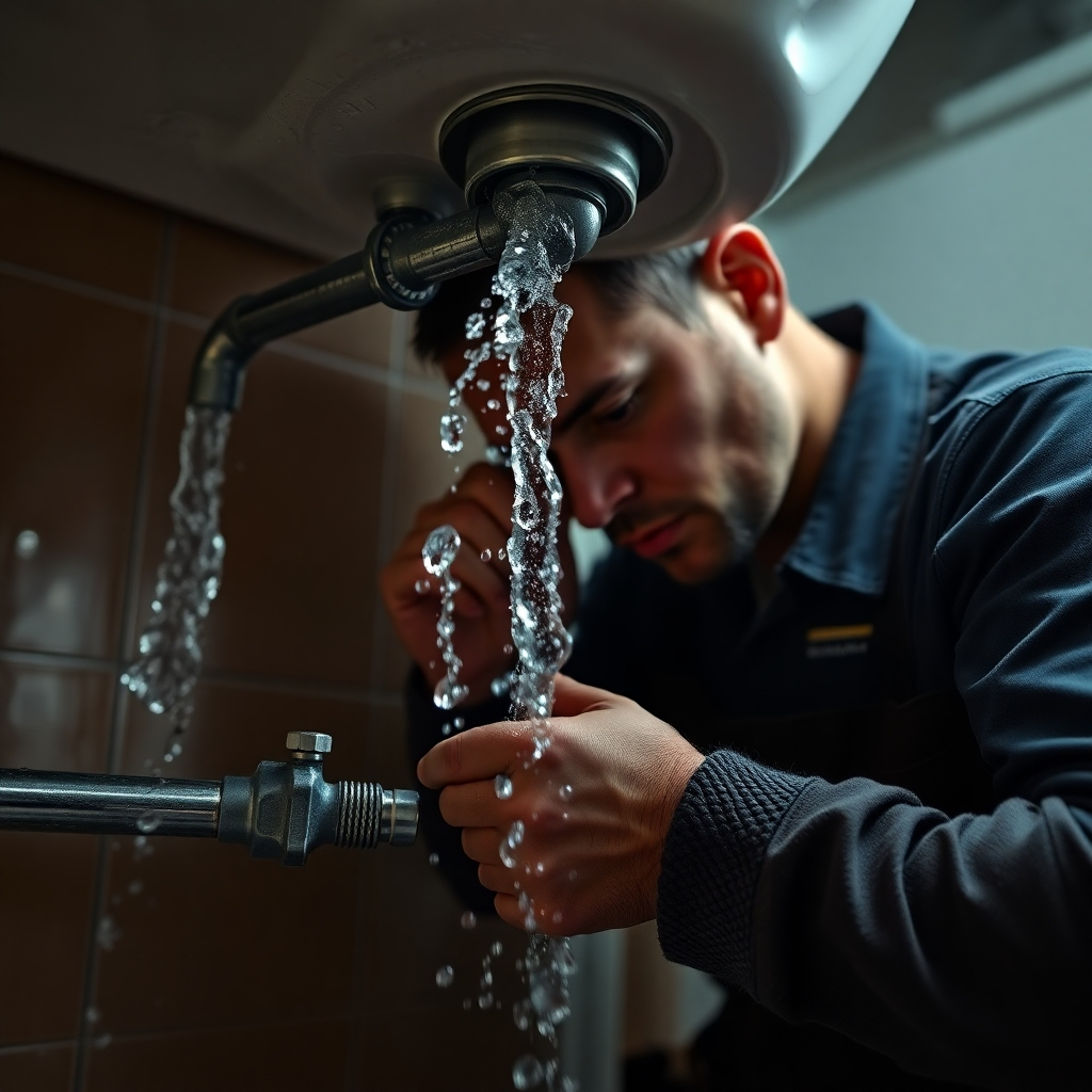 Create a photorealistic image showcasing a plumber urgently repairing a burst pipe under a kitchen sink. Water is spraying, but the plumber is focused and quickly applying a clamp. The lighting is slightly dim and dramatic, emphasizing the urgency of the situation. Focus on realistic details such as water droplets, the texture of the pipe, and the plumber's tools. Use a tight camera angle to create a sense of claustrophobia and intensity. The style should be highly realistic, capturing the stress and immediacy of a plumbing emergency. 4K resolution.
