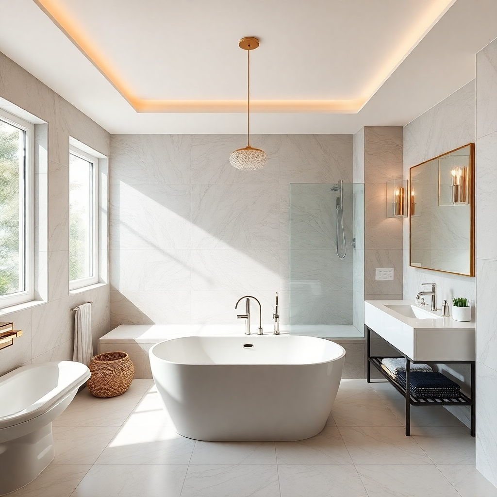 Create a stunning photorealistic image of a fully renovated bathroom. The bathroom features modern fixtures, elegant tiling, and ample natural light. The layout is functional and stylish. The camera angle is wide, capturing the entire space. The color palette is calming and sophisticated. Focus on the details: the texture of the materials, the quality of the craftsmanship, and the overall sense of luxury. 4K resolution.
