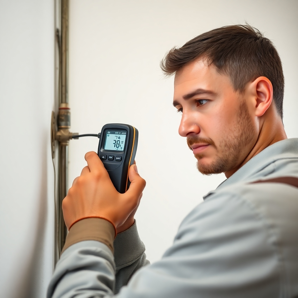 Create an image showing a plumber using a moisture meter to detect a hidden leak behind a wall. The focus is on the meter and the plumber's focused expression. Use natural lighting and a realistic setting to convey trust and expertise. 4K resolution.