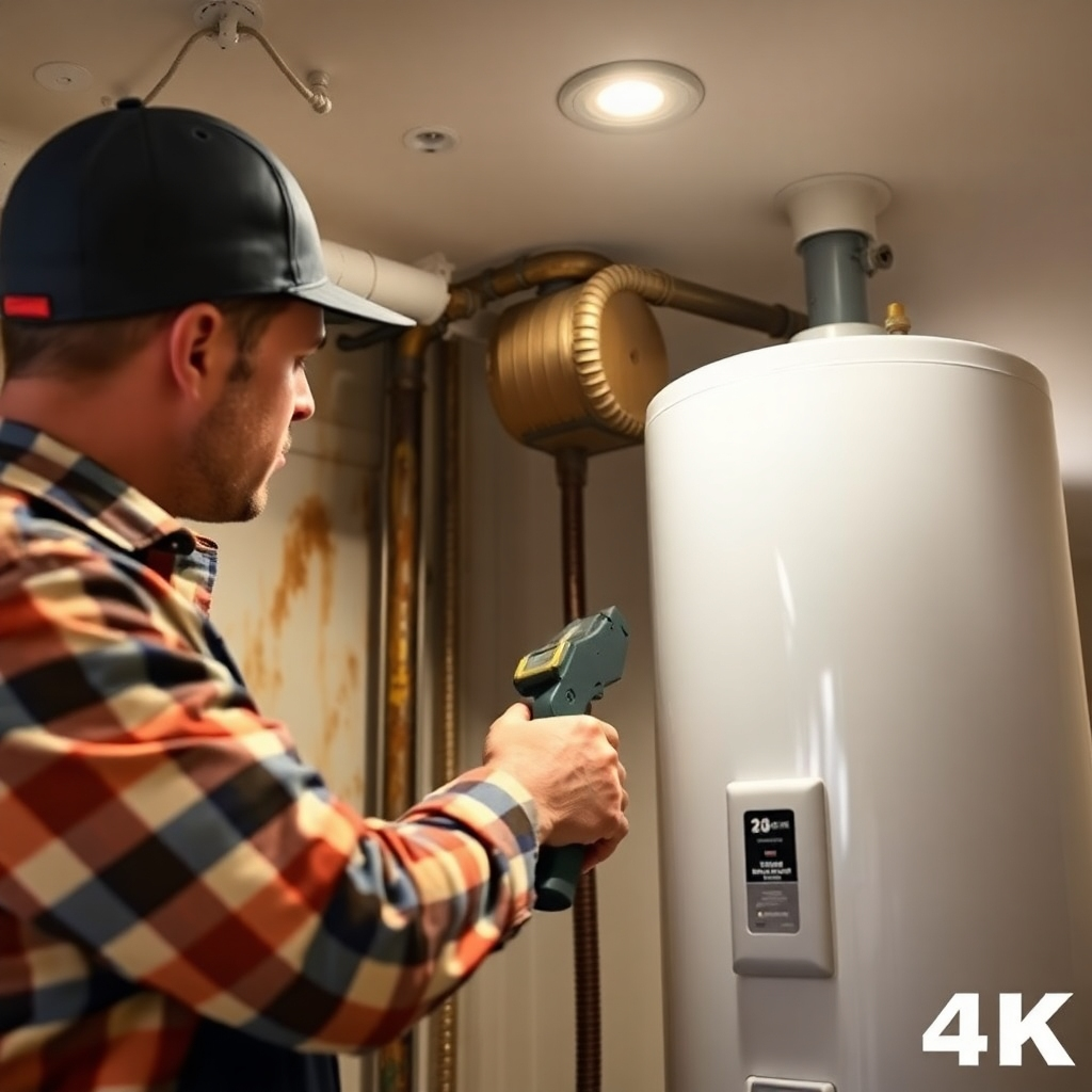 Depict a plumber expertly replacing an old, rusty water heater with a new, energy-efficient model. The plumber is using specialized tools and following safety protocols. The new water heater is clean and modern. The lighting is bright and functional. Focus on the contrast between the old and new water heaters, emphasizing the benefits of upgrading to a more efficient model. 4K resolution, photorealistic.