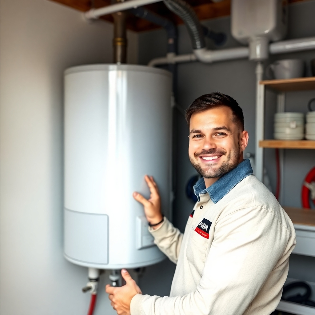 Depict a plumber installing a brand-new, energy-efficient water heater. The setting is a clean, organized utility room. The plumber is smiling and looking directly at the camera, conveying confidence and professionalism. 4K resolution, photorealistic.