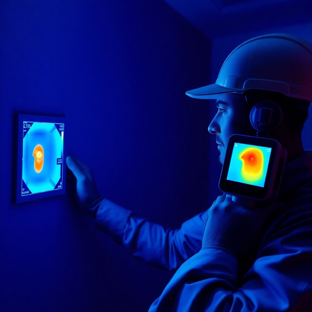 Depict a plumber using advanced thermal imaging equipment to detect a hidden water leak in a wall. The thermal image shows a clear hotspot indicating the presence of water. The plumber is focused and professional. The room is dimly lit to enhance the visibility of the thermal image. Use contrasting colors (e.g., blue for cool areas, red for warm areas) to highlight the leak. The style should be modern and technological, emphasizing the precision and accuracy of the leak detection process. 4K resolution, photorealistic.
