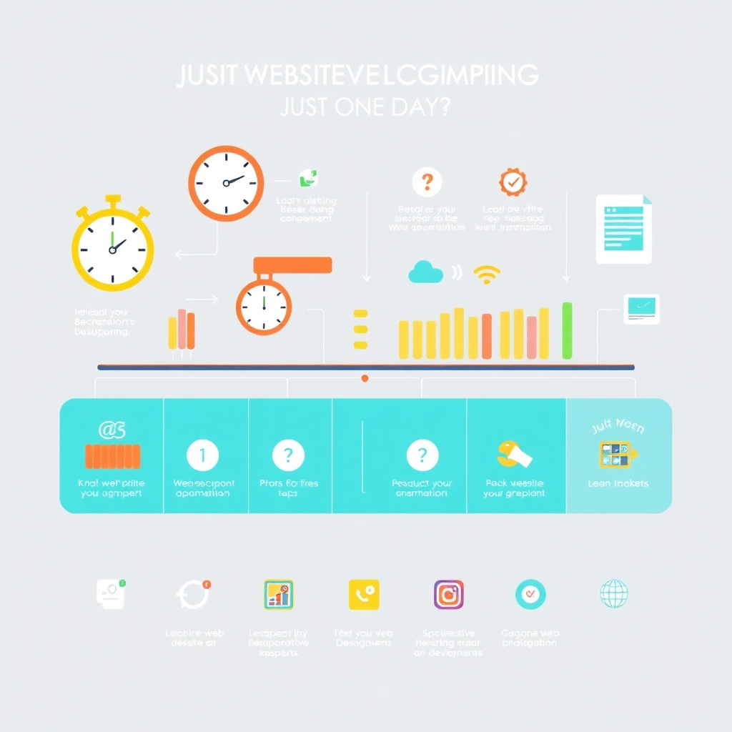 Illustrate an efficient web development process with an infographic layout that visually represents the workflow of creating a website in just one day. Use a contemporary style, incorporating bright colors that capture attention. Include visual elements such as clocks, progress bars, and checklists to symbolize speed and efficiency, complemented by icons representing various web design elements. The overall design should feel dynamic and uplifting while ensuring clarity in the information presented. Render this image in a high-quality digital style, ensuring all graphic elements have striking detail and brightness.
