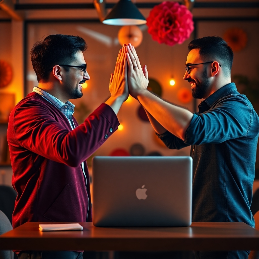 Show a celebratory moment with a client and designer high-fiving, passing a laptop displaying the final website. The backdrop should reflect a professional yet casual office environment, illuminated with warm lights and vibrant decorations. Use deep colors to convey satisfaction and achievement, with emphasis on the gleaming success of the freshly launched site. Capture the textures of the laptop and the excitement on both faces, creating a compelling narrative of accomplishment. Render this moment in hyperrealistic detail to encapsulate the joy of launching a new website in pristine 8K quality.
