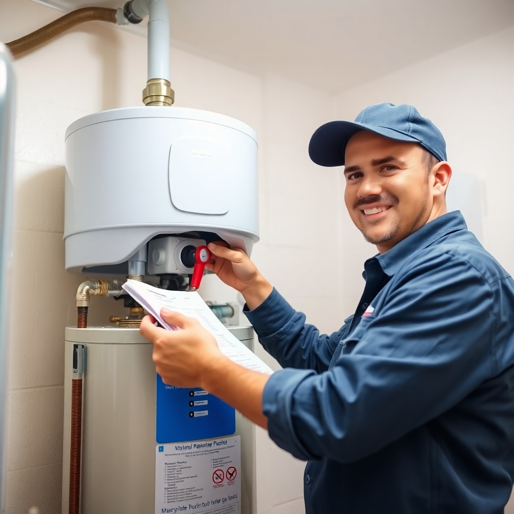 Show a friendly plumber performing a routine maintenance check on a water heater. The plumber is using a checklist and carefully inspecting the components. The water heater is clean and well-maintained. The lighting is bright and functional. The camera angle is slightly elevated, providing a clear view of the work being done. Emphasize the plumber's attention to detail and the importance of preventative maintenance. 4K resolution, photorealistic.