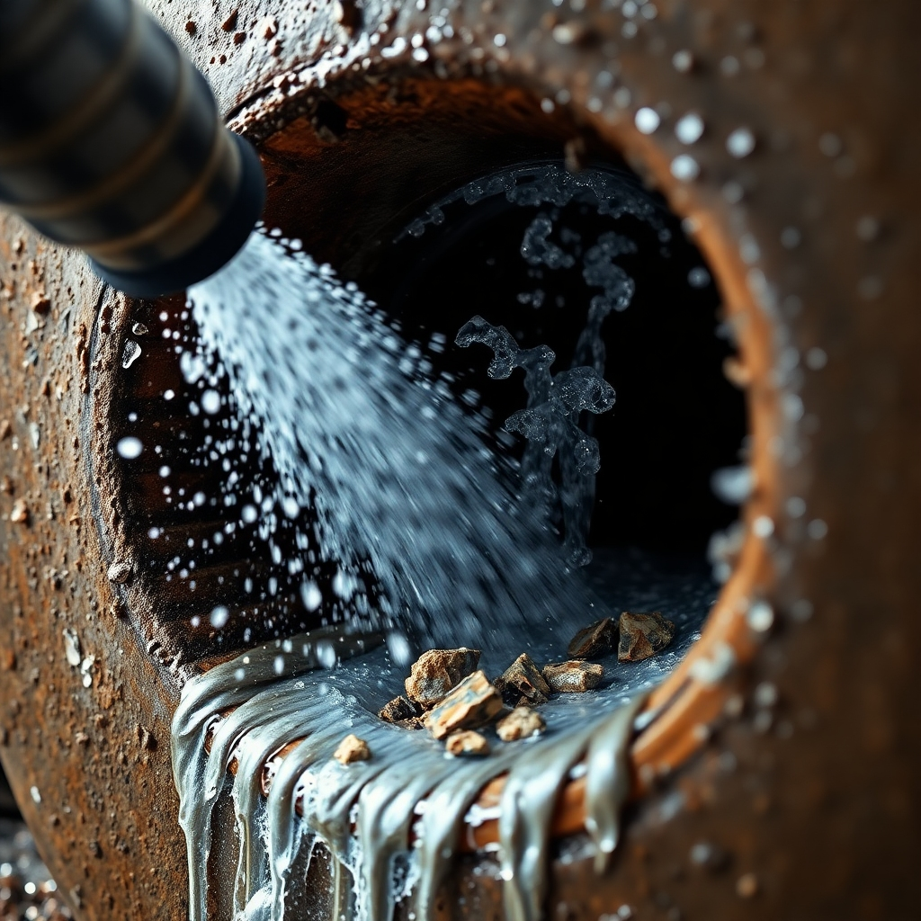 Show a high-pressure water jet clearing a severely clogged drainpipe. The image should be dynamic, showing the force of the water and the debris being dislodged. Use dramatic lighting to emphasize the power and effectiveness of the cleaning process. 4K resolution, photorealistic.