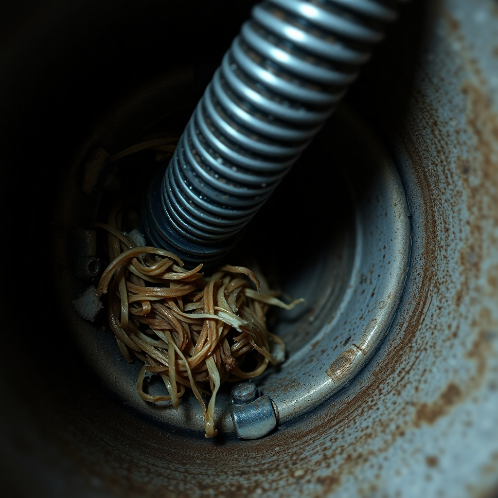 Visualize a cross-section of a clogged drainpipe. The image should be hyperrealistic and slightly unsettling, showcasing the buildup of hair, grease, and other debris. A plumber's snake is partially visible, working to clear the blockage. The color palette is dark and grimy, emphasizing the unsanitary nature of the clog. Use extreme close-up shots to highlight the textures and details of the blockage. The lighting is dim and focused, drawing attention to the problem area. 4K resolution, photorealistic.
