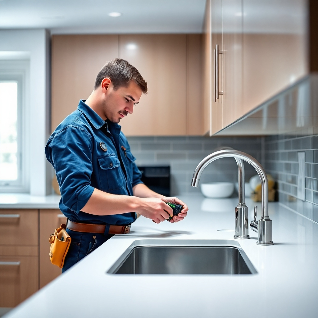 Visualize a meticulously organized kitchen with a plumber installing a new, high-end sink and faucet. The plumber is using specialized tools and following safety protocols. The kitchen is clean and modern. The lighting is bright and functional. The camera angle is slightly elevated, providing a clear view of the work being done. Emphasize the plumber's expertise and the quality of the new fixtures. 4K resolution, photorealistic.