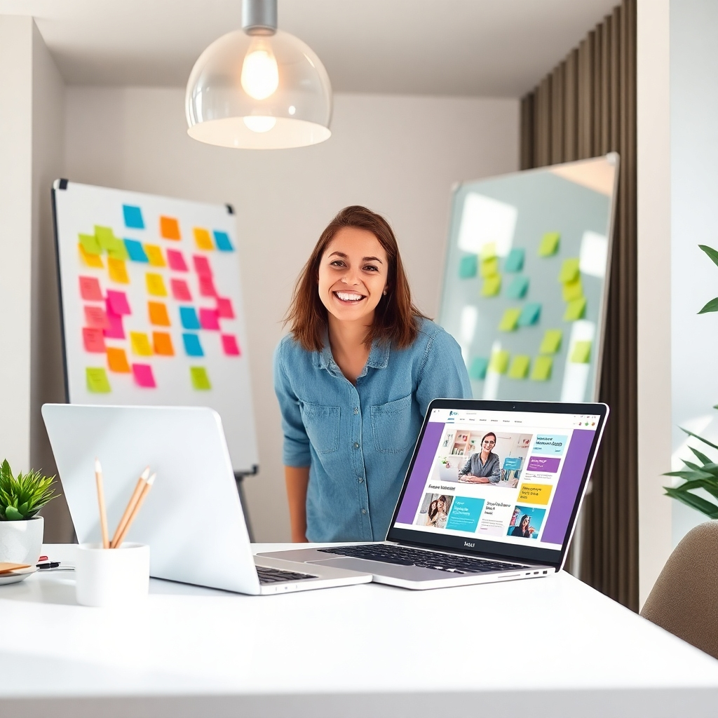Visualize a well-lit, modern workspace that encapsulates the spirit of a passionate web designer. The scene includes a person brainstorming ideas with colorful sticky notes on a whiteboard and a laptop displaying a vibrant web design. Use a mix of natural light and artificial lighting to create a warm atmosphere. Textures include sleek surfaces and fabric elements, with a clear focus on the designer's joyful expression. The color palette should inspire creativity with bright blues and greens. Ensure the image is photorealistic, capturing fine details like the glow from the laptop screen and the depth of the room in high resolution.