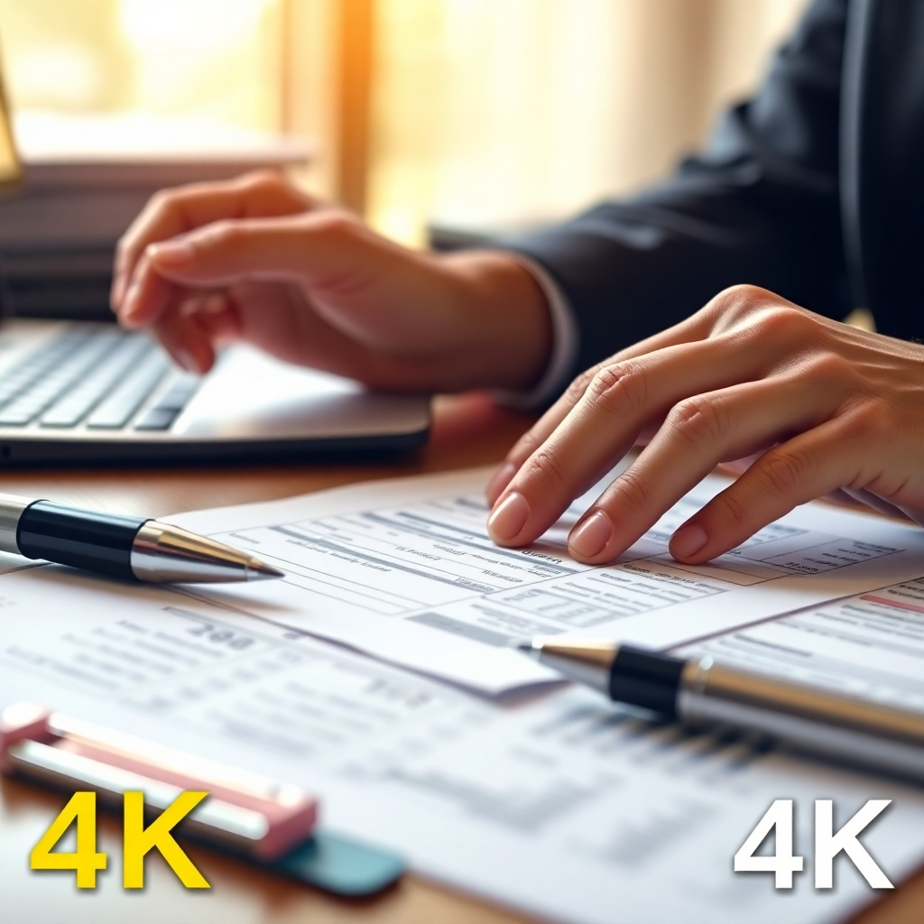 A photorealistic close-up image of an accountant's hands working on a financial document, highlighting the detail-oriented and dedicated nature of their work. The image should feature warm lighting and a professional aesthetic, rendered in 4K resolution.
