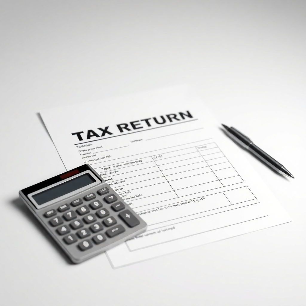 A photorealistic image depicting a neatly organized tax return document with a calculator and pen beside it, symbolic of accuracy and efficiency.  Use a clean backdrop and subtle lighting to convey professionalism. Render the image in high quality, 4K resolution