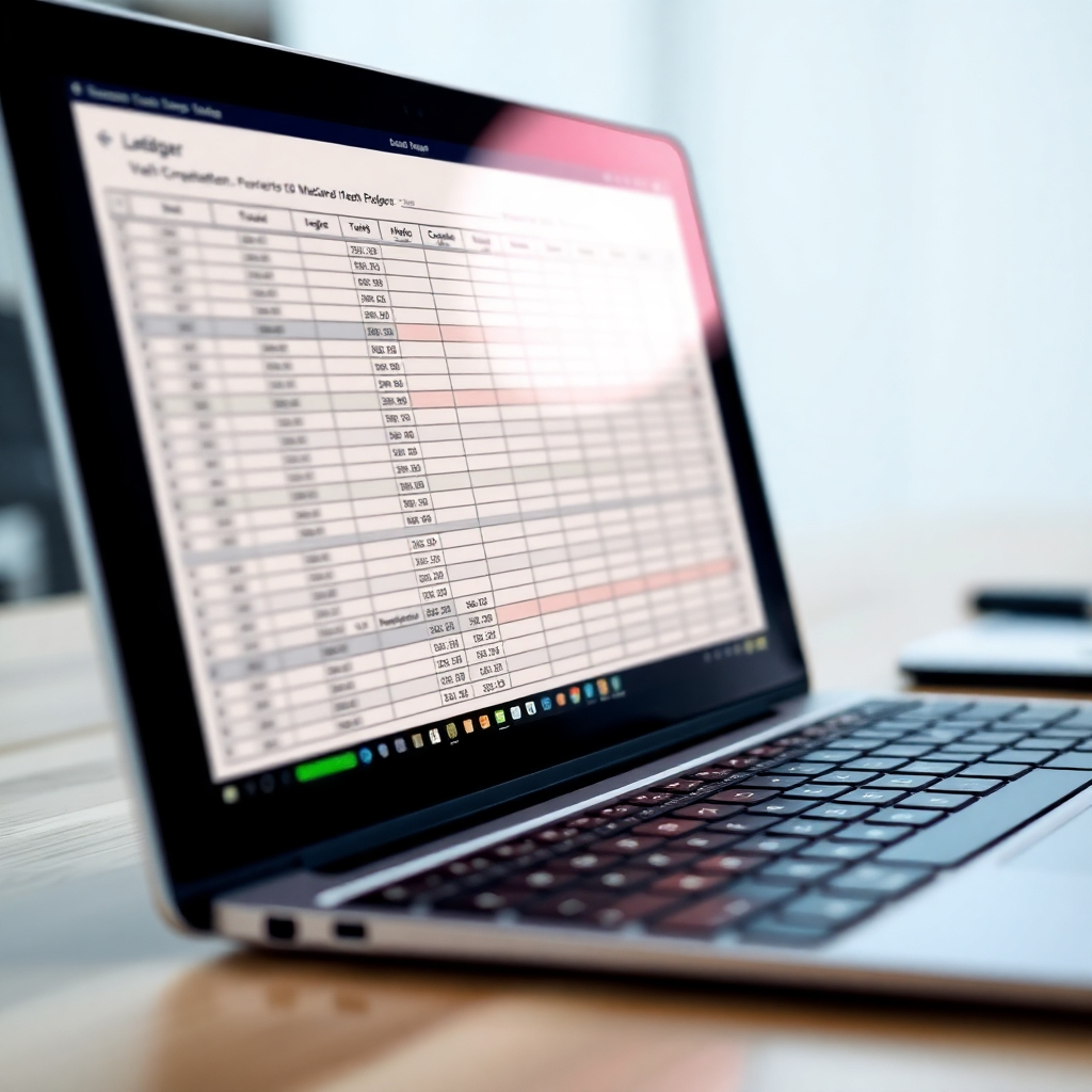 A photorealistic image depicting a well-organized ledger or spreadsheet on a laptop screen.  Use a sharp focus to emphasize the detail-oriented work.  The image should be in high-quality 4K resolution, depicting a professional and clean work environment.