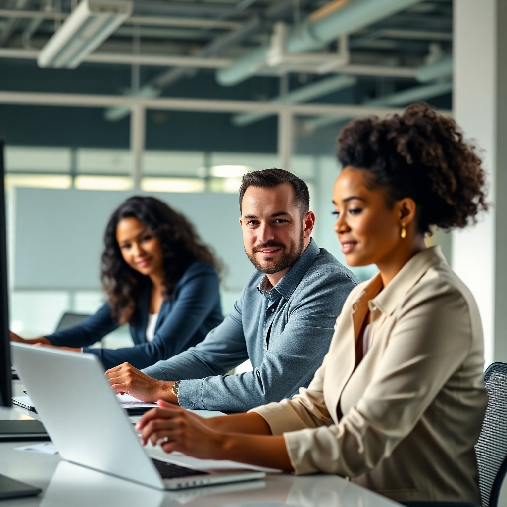 A photorealistic image depicting a team of accountants working collaboratively in a modern office, showcasing teamwork and efficiency. Focus on the faces of the individuals to evoke trust and professionalism. Use a bright, well-lit setting with neutral color tones. The resolution should be 4K.  
