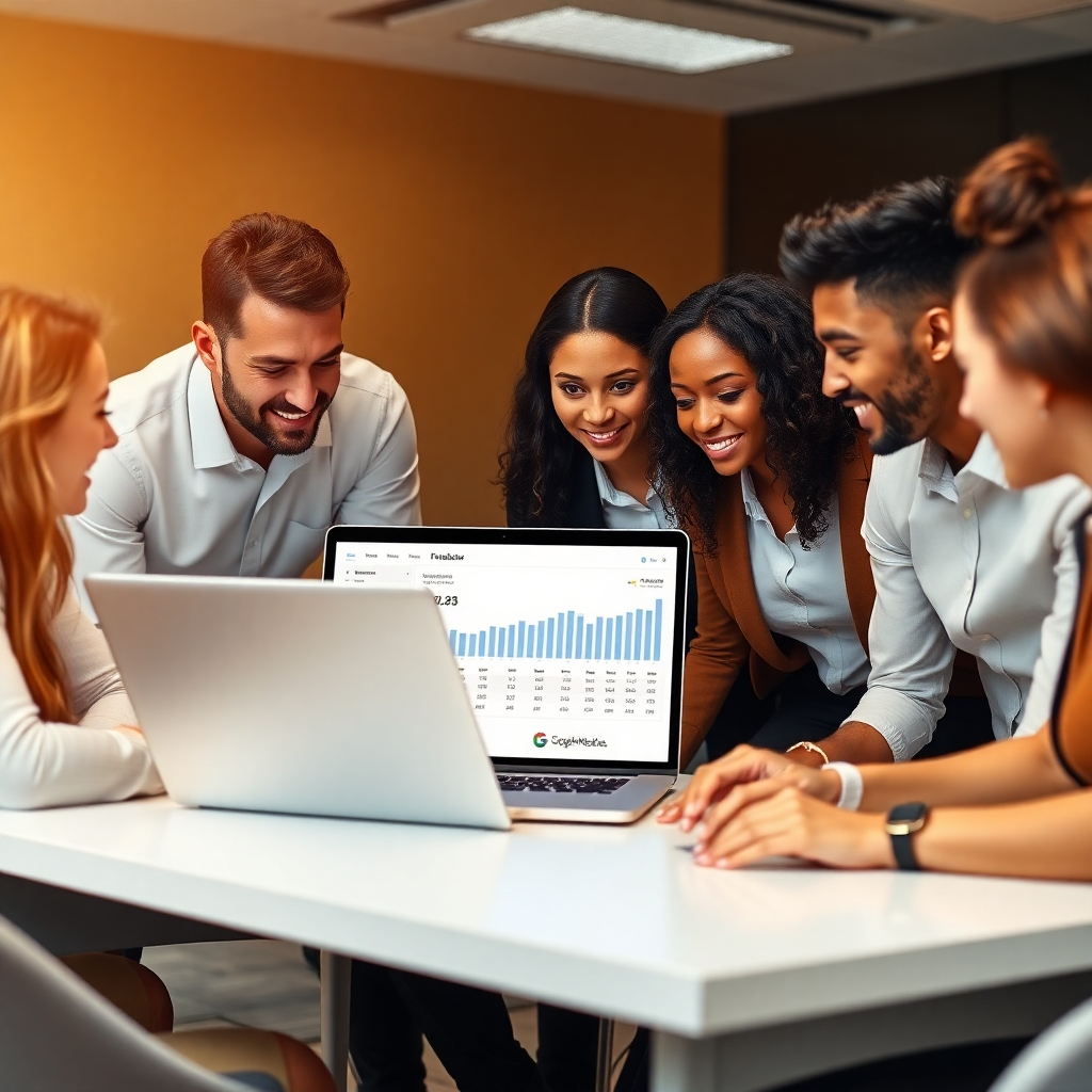 A photorealistic image showing a diverse team of professionals collaborating around a table, focused on a laptop displaying a customized dashboard or a financial report. The image should have a warm color palette, professional lighting, and 4K resolution.