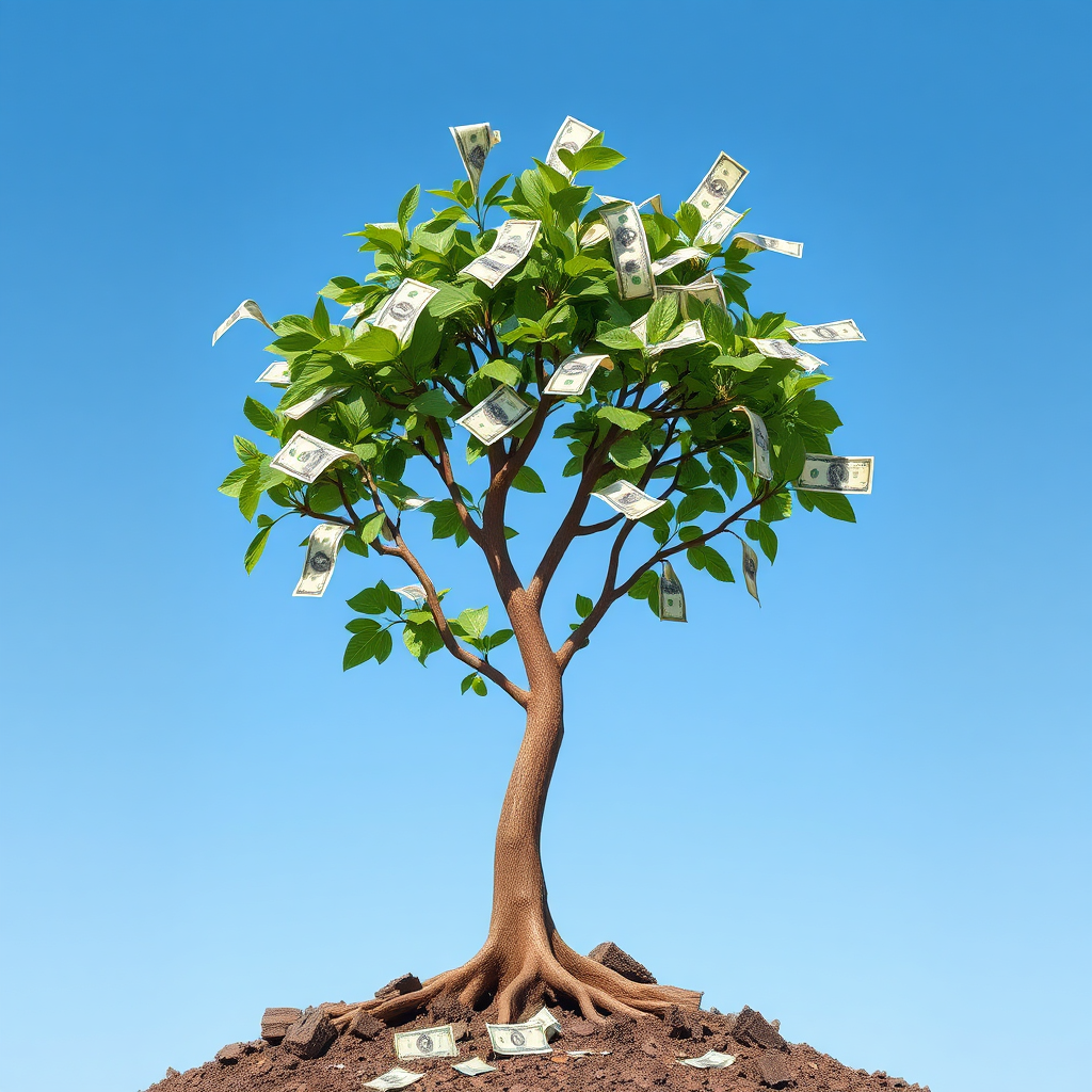 A concept image depicting a money tree growing rapidly, with dollar bills sprouting from the branches. The background is a clear blue sky, symbolizing limitless potential. Use a vibrant and optimistic color palette. 4K resolution, photorealistic.