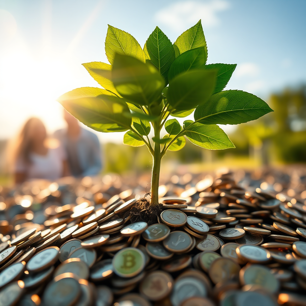 A concept image representing financial growth and empowerment. The scene depicts a seedling growing into a lush, vibrant tree, its roots embedded in a pile of coins. Sunlight filters through the leaves, creating a sense of warmth and abundance. In the background, a blurred image of a happy family symbolizes the benefits of financial security. The color palette is dominated by greens and golds, with touches of blue sky. The camera angle is a close-up shot, focusing on the detail of the seedling and the coins. The style is clean and modern, with a touch of whimsy. 4K resolution, high quality.