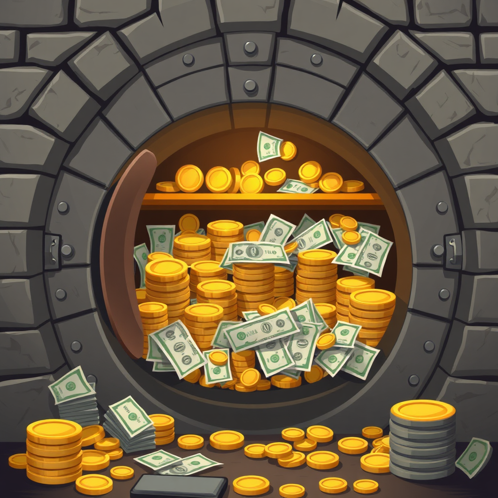A fortified vault filled with gold coins, dollar bills, and valuable assets. The scene should convey security and stability. Use a classic, timeless style with a focus on detail.