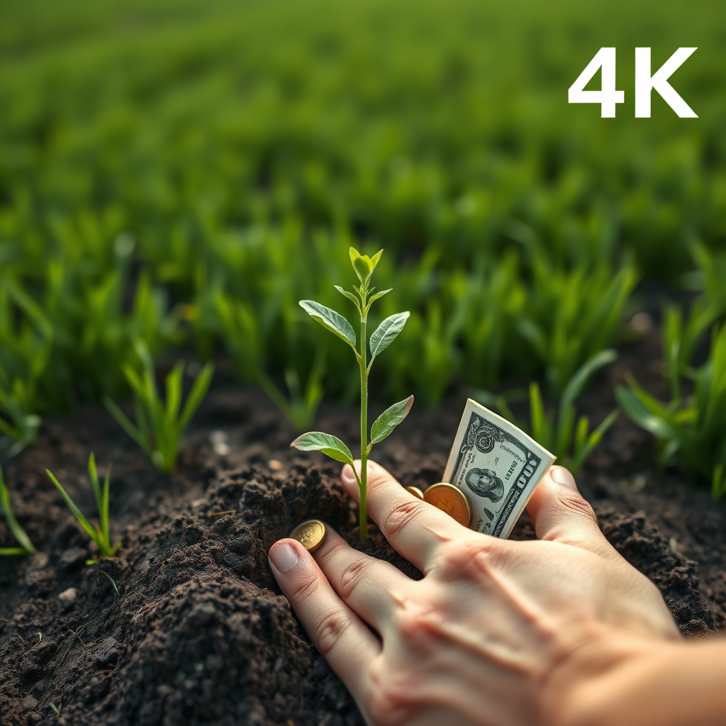 A hand planting a seed in fertile soil, with coins and dollar bills growing alongside the plant. The background is a lush green field. 4K resolution, photorealistic.