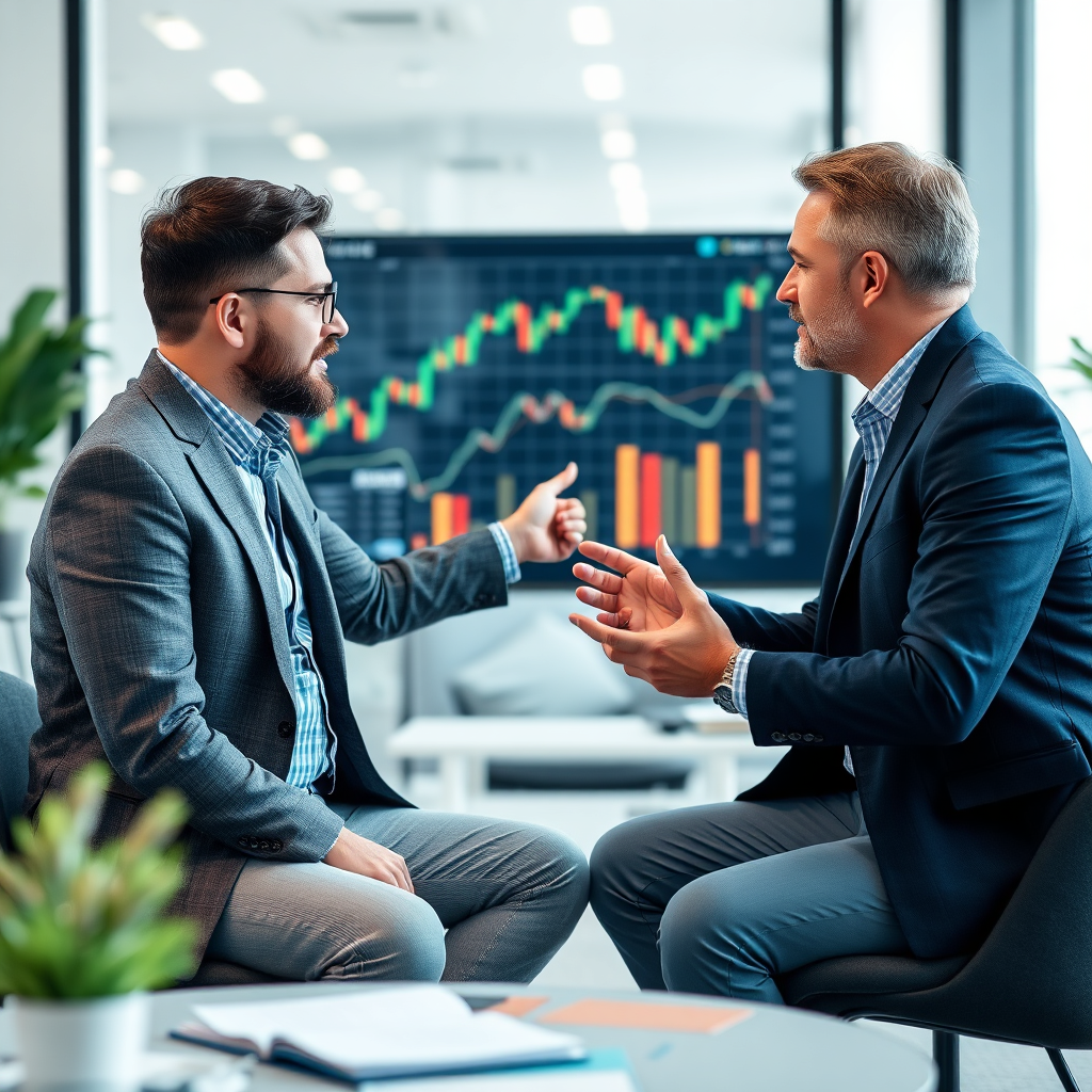 A one-on-one coaching session where a financial advisor is explaining investment strategies to a client. The setting is a modern office with financial charts visible in the background. The advisor is pointing at the chart.