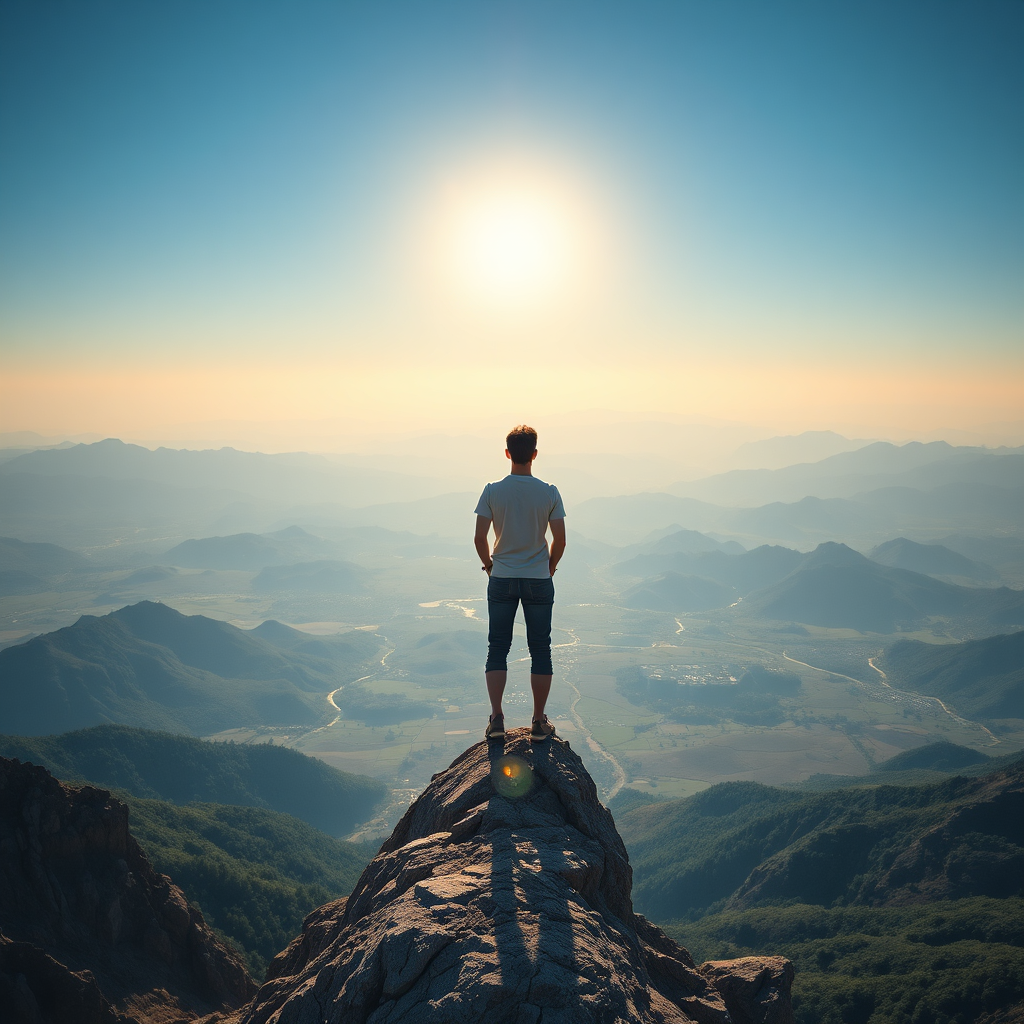 A person standing on top of a mountain, overlooking a vast and prosperous landscape. The sun is shining brightly, symbolizing success and achievement. 4K resolution, photorealistic.