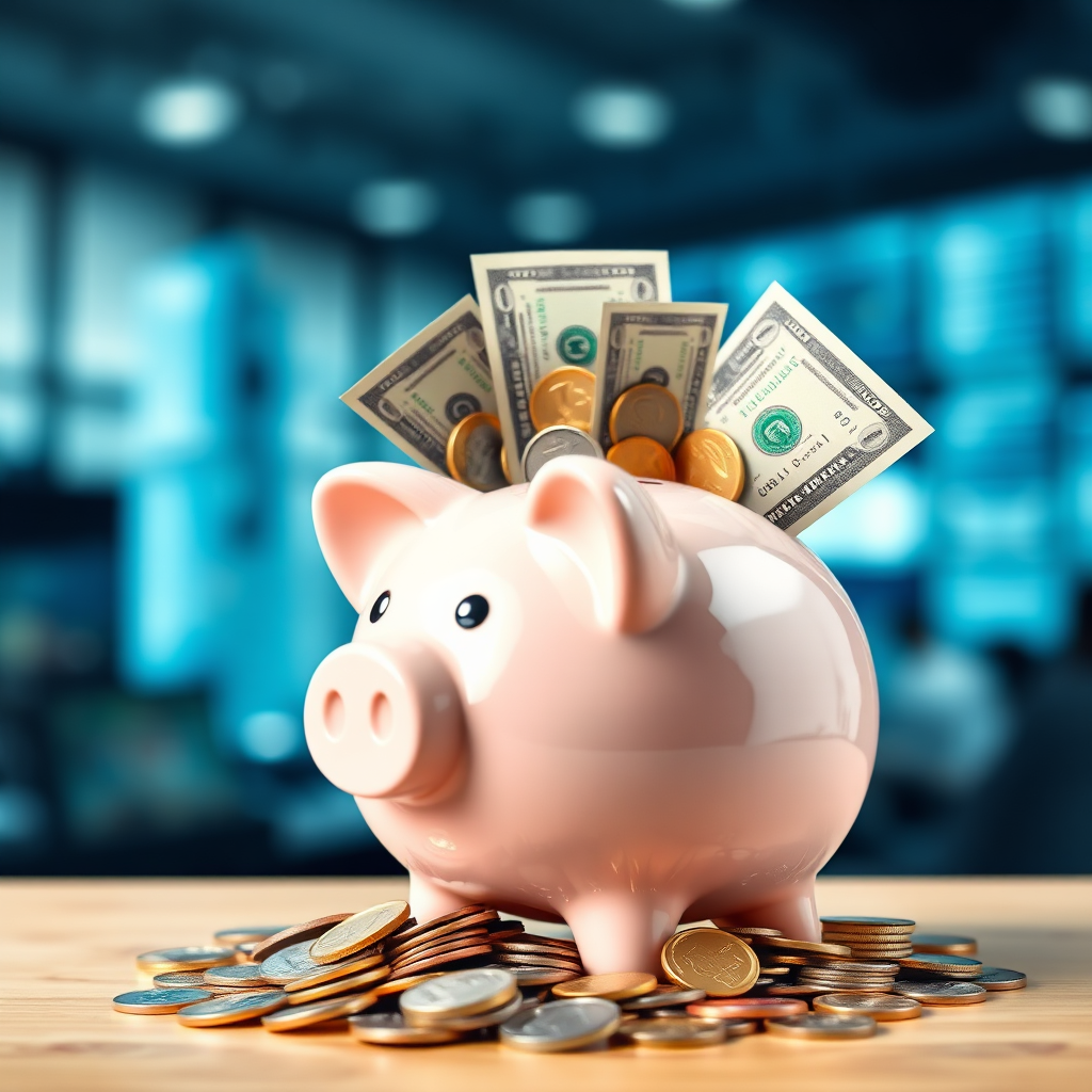 A piggy bank overflowing with coins and dollar bills, symbolizing abundance and growth. The background is a blurred image of a thriving business. 4K resolution, photorealistic.