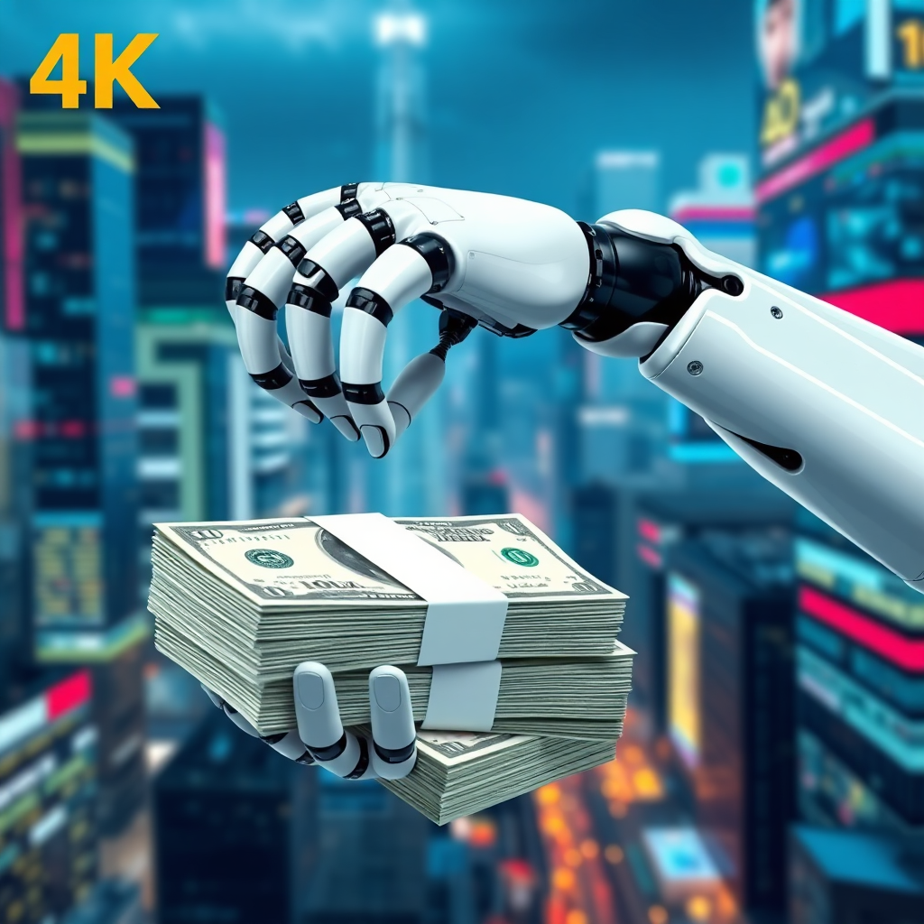 A robotic arm handling stacks of money, symbolizing automation and efficiency. The background is a futuristic cityscape with digital displays. 4K resolution, stylized.