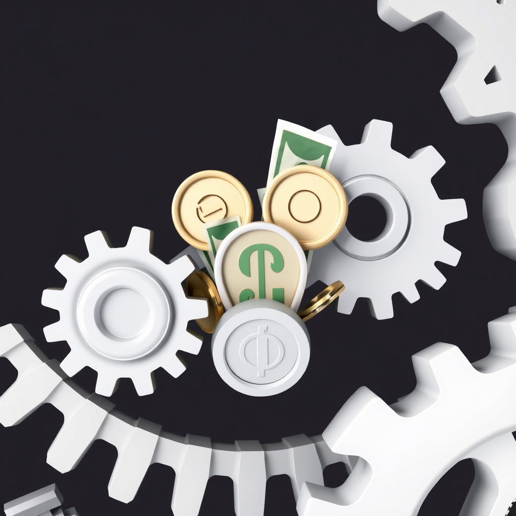 A stylized image of a gear mechanism, with each gear representing a different investment strategy. Coins and dollar bills are intertwined within the gears, symbolizing the flow of money. Use a clean, modern style with a focus on detail. 4K resolution, high quality.