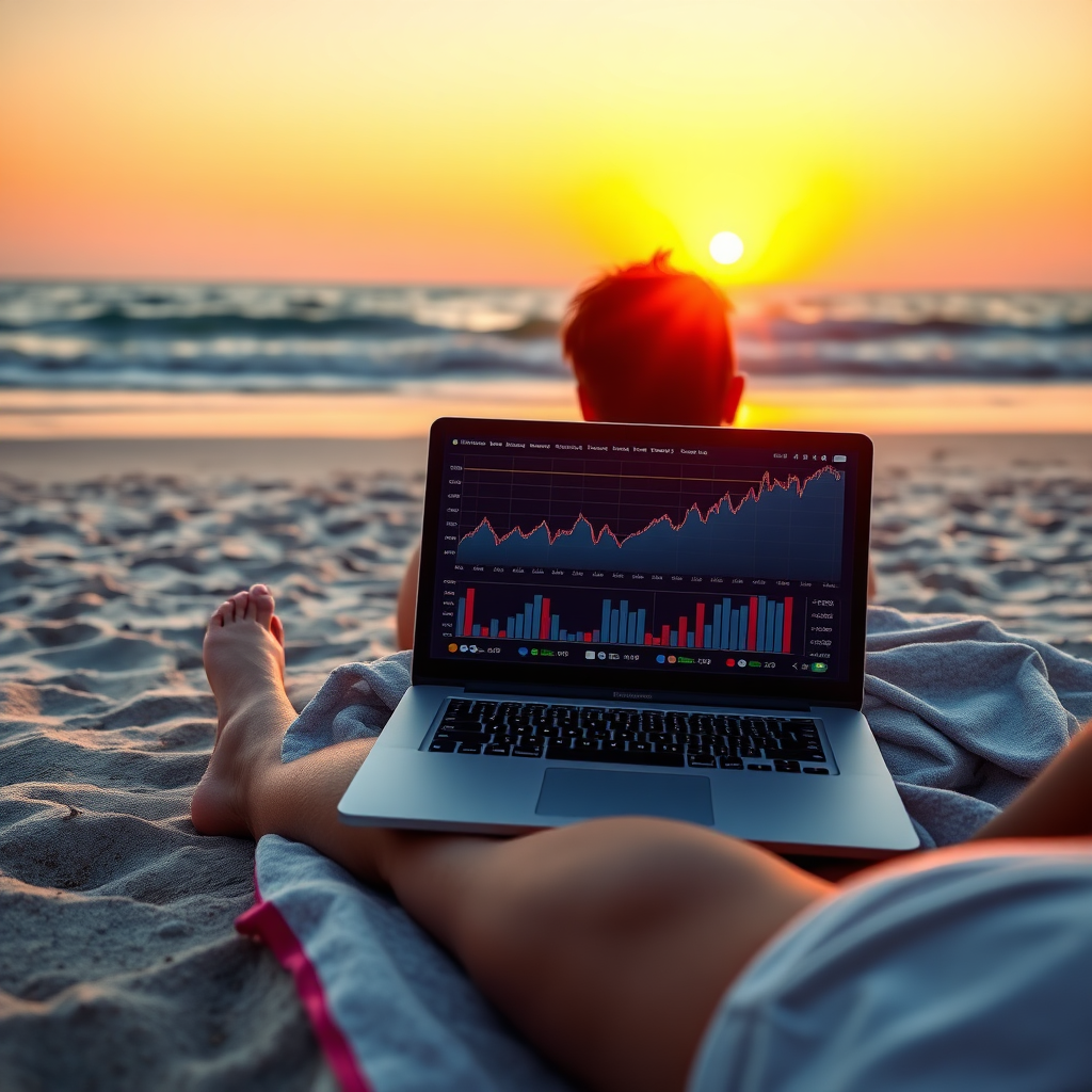 A tranquil scene of a person relaxing on a beach, with a laptop nearby displaying rising graphs and financial data. The sunset creates a warm and inviting atmosphere. 4K resolution, photorealistic.