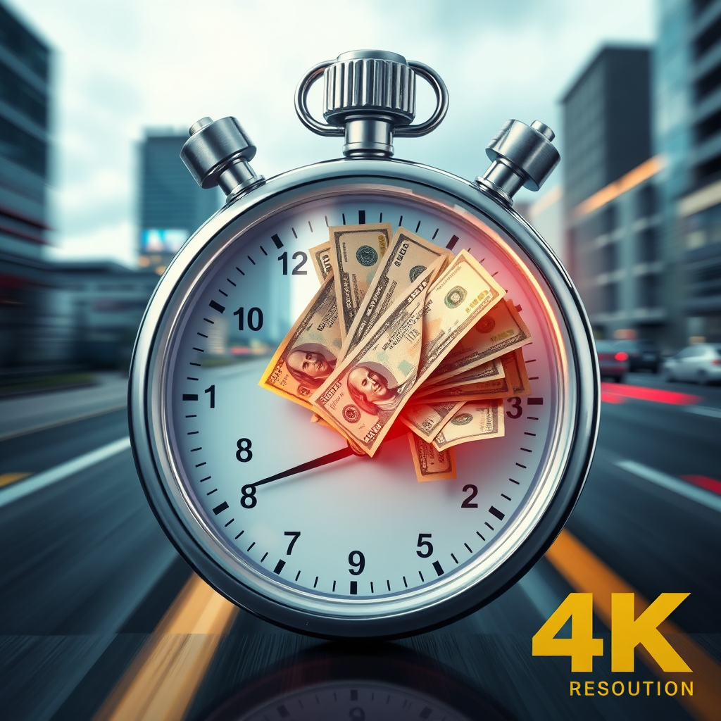 A visually compelling image showcasing a stopwatch with money rapidly flowing into it. The background is a blurred cityscape, suggesting constant motion and speed. Use vibrant colors to represent energy and excitement. 4K resolution, photorealistic.