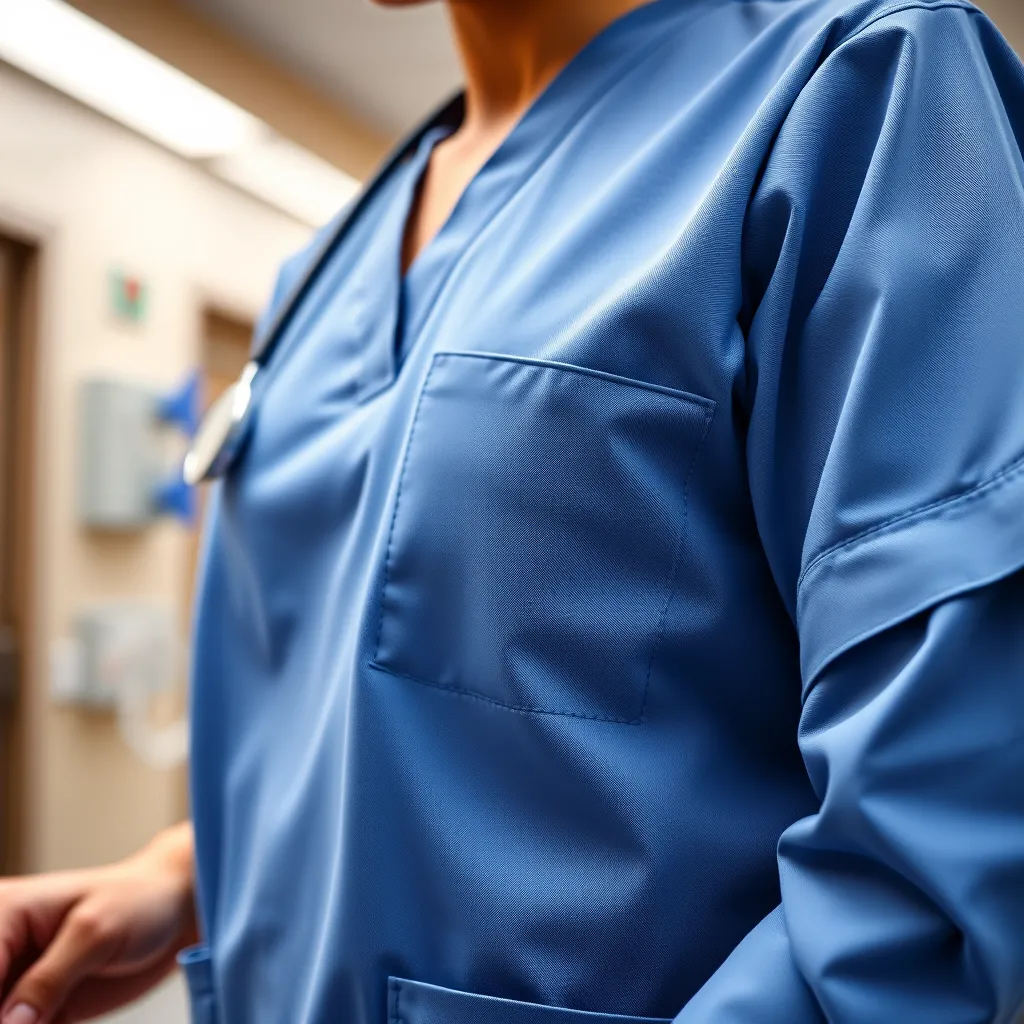 A close-up shot of a healthcare professional wearing a ScrubStyle uniform, showcasing the fabric's texture, fit, and movement. The background should be a hospital room or a medical clinic, with a focus on the professional's hands performing a medical task, highlighting the uniform's practicality and comfort.