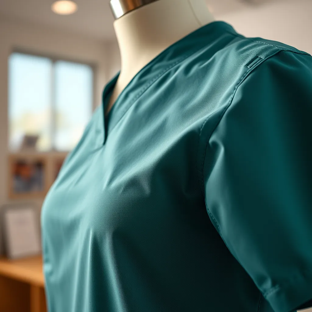 A close-up shot of a scrub top with intricate stitching details, showcasing the high-quality fabric and craftsmanship. The scrub top is displayed on a mannequin in a well-lit setting, highlighting its durability and professional appearance. The focus should be on the texture and detail of the fabric, emphasizing the quality of the uniform.