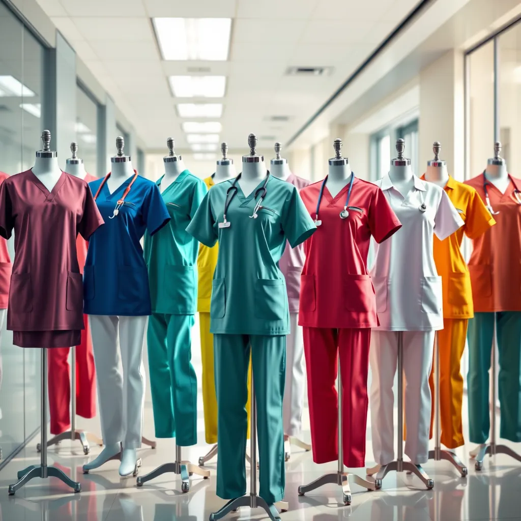 A colorful and diverse collection of medical uniforms displayed on mannequins, showcasing various colors, patterns, and styles. The background should be a modern and clean medical setting, emphasizing a professional and welcoming environment. The lighting should be bright and natural, highlighting the details of each uniform.