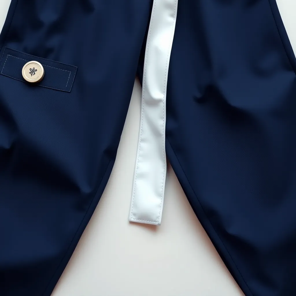 A detailed, hyperrealistic image of a pair of navy blue medical scrubs with a white doctor's coat draped over them, featuring a neatly embroidered name and a small medical symbol on the left chest pocket. The fabric texture is prominent, with the embroidery threads clearly visible and adding a touch of elegance. The image is lit with soft, warm lighting, highlighting the details of the embroidery and creating a luxurious feel. The background is a minimalist white surface, allowing the focus to remain on the scrubs and the personalized details.
